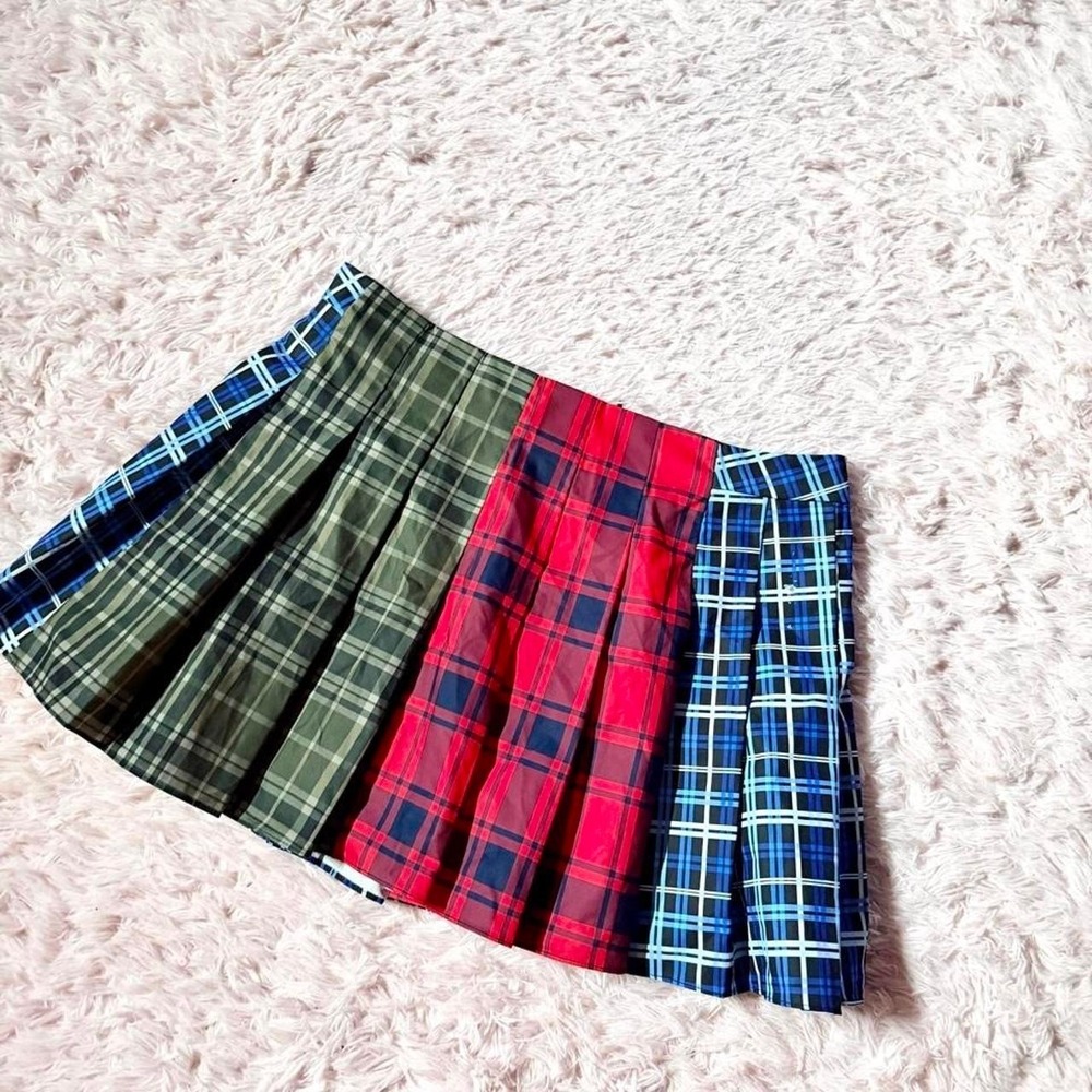 Patchwork‎ Plaid Pleated School Girl Mini Skirt Emo Grunge Womens L Skater Scene